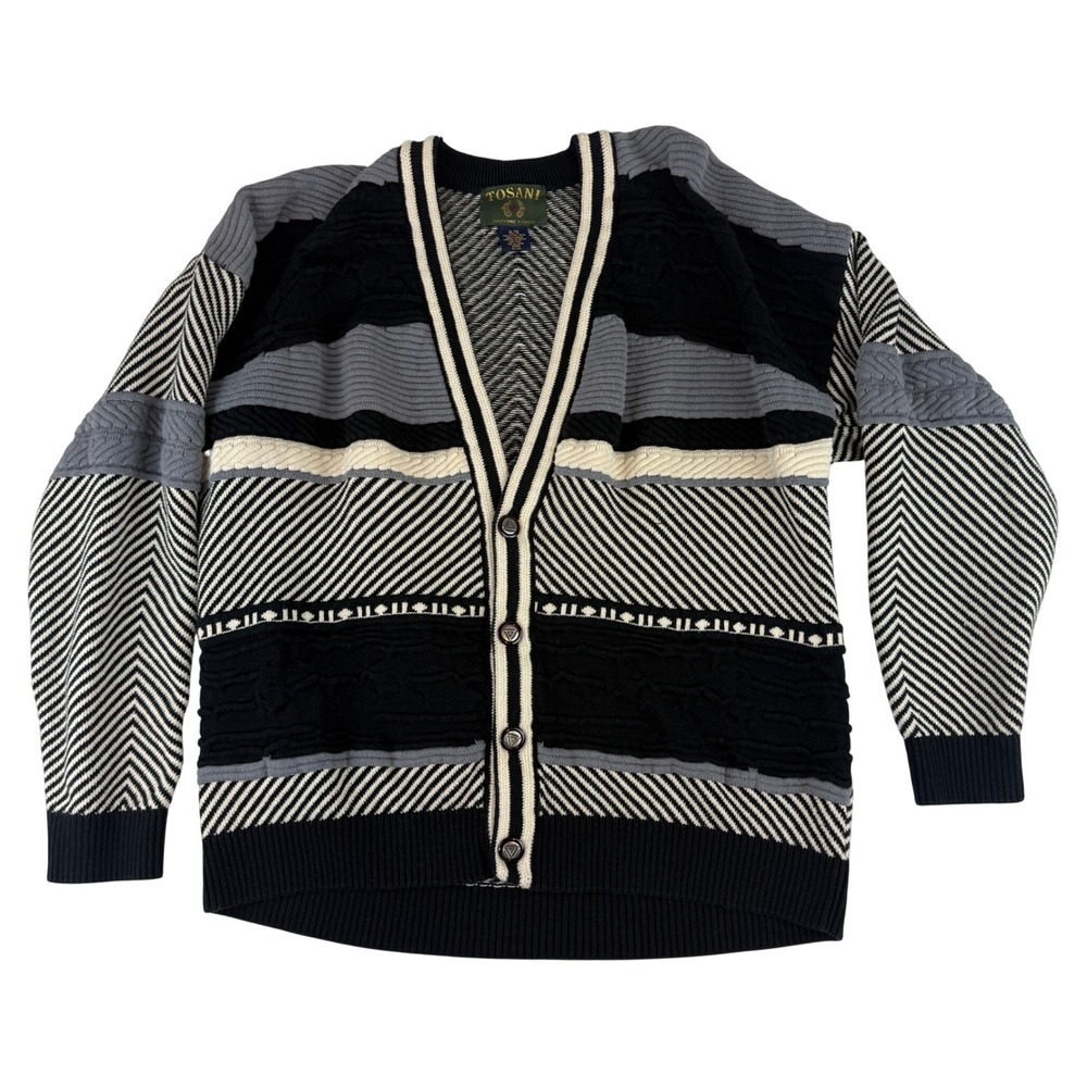 Tosani Cardigan Sweater Mens XL Black Gray 3D Textured Knit Geometric Canada